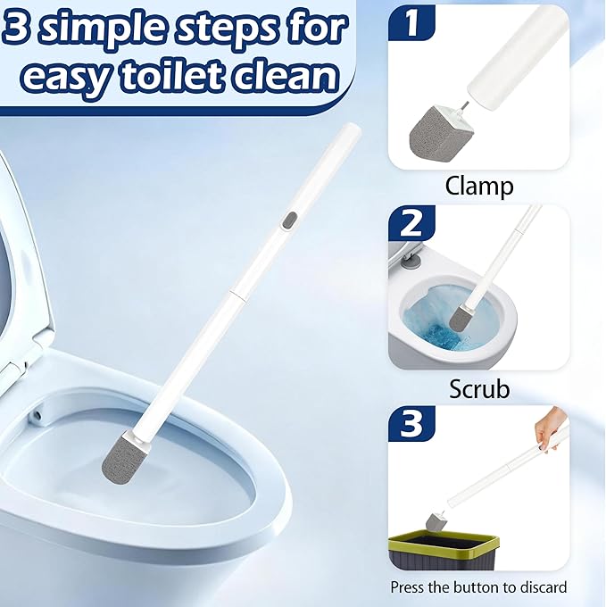 Pumice Stone Toilet Bowl Cleaner with 20" Ultra Long Handle, Push-Button Replaceable Head Hard Water Ring Stain Remover for Bathroom, Bathtub, Pool, Kitchen Sink Cleaning, 8 Pack (gray)