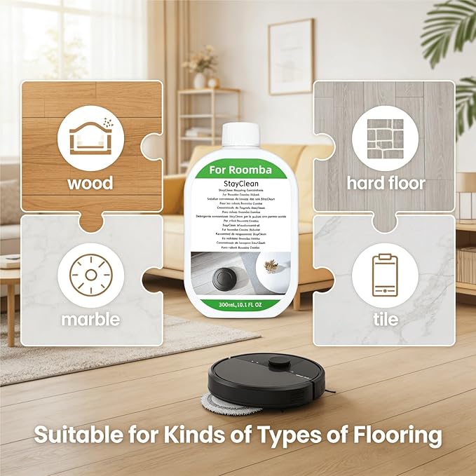 Floor Cleaner Liquid, 1 Bottle, 300ml Fresh Scent, Low Foam Formula, Deep Cleaning, Compatible with Roomba Plus 405/505/Max 705 Cleaning Robot