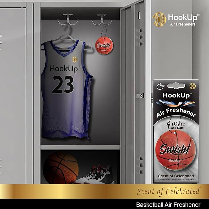 Basketball Car Air Freshener by HookUp - 2 Pack - Black Gold Scent (Extra Strong) | Unique Basketball Gift for Players, Coach, Fans | Hanging Car Accessory with Long Lasting Fresheners Smell