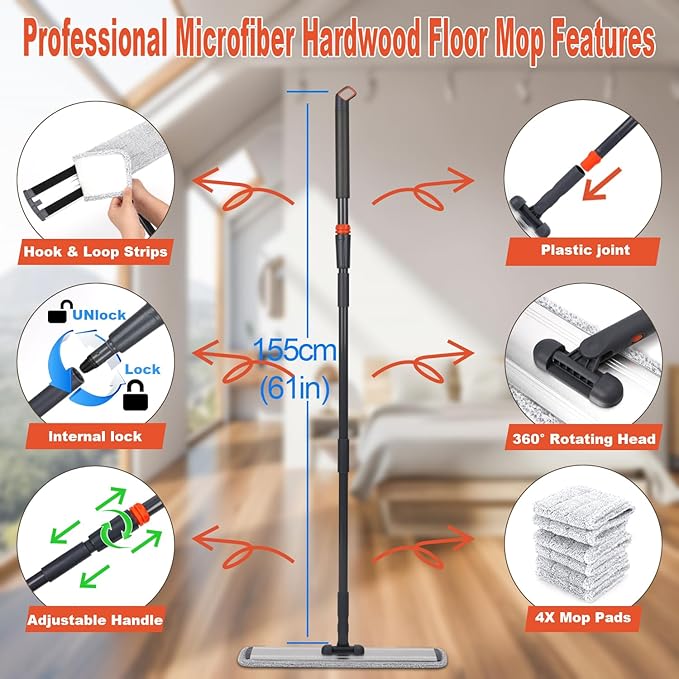 24inch Flat Mop for Cleaning Floors Heavy Duty Microfiber Wet Mop Deep Cleaning for Hardwood, Tile & Laminate, Includes 4 Reusable Washable Pads and Adjustable Long Handle