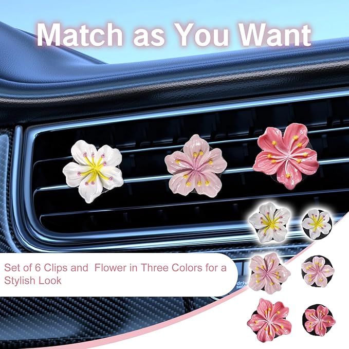 NIIIYTYB 6Pcs Cute Car Air Freshener Vent Clips Flower Air Vent Clips for Fresheners Pink Hawaiian Hibiscus and Cherry Blossom Car Accessories Aesthetic Interior Decor for Women Peach Blossom