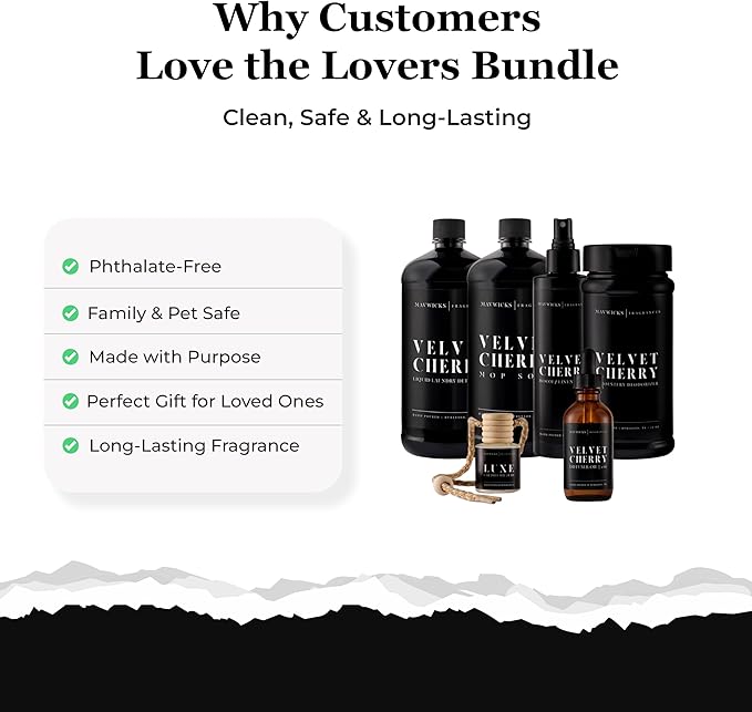 Fragrances - Lovers Bundle – 6-Piece Set | Velvet Cherry | Laundry Detergent 32oz, Mop Soap 32oz, Linen & Room Spray 8oz, Diffuser Oil 2oz, Upholstery Deodorizer 16oz & Car Diffuser