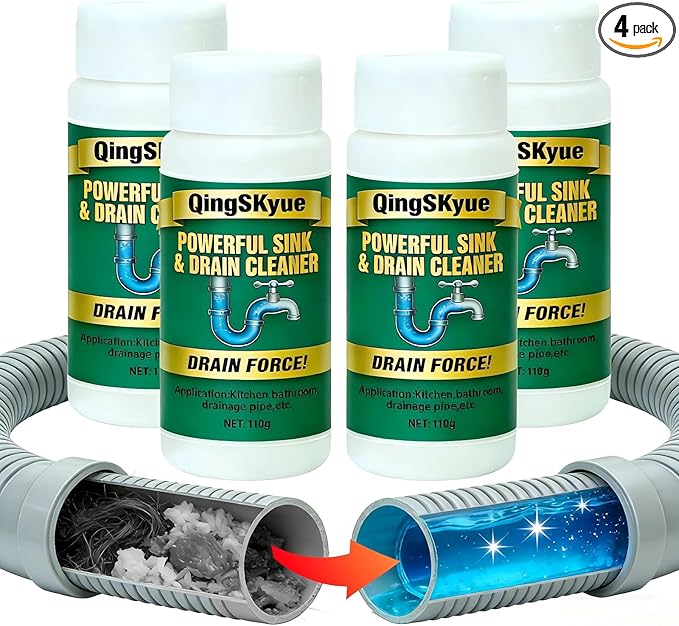 4 Pack Drain Cleaner & Clog Remover, Fast Foaming Powder (110g Each), Unscented for Kitchen Sink, Bathroom & Floor Drains
