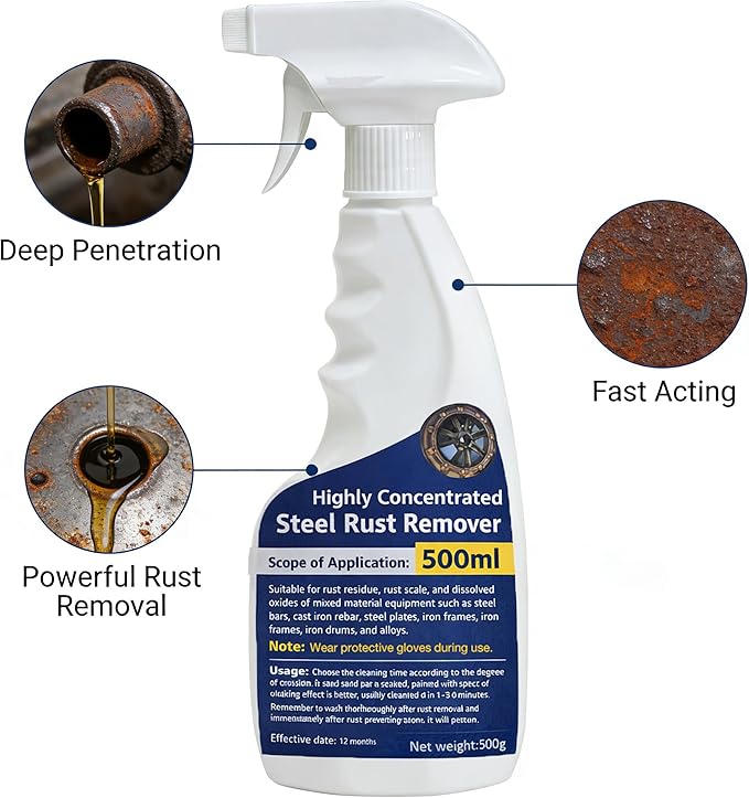 Highly Concentrated Steel Rust Remover, Instant Rust Cleaning Spray, Rust Remover Lubricant Spray, Automotive Parts, Stainless Steel, Fast Acting Rust Cleaner, 500ml (500 Ml)