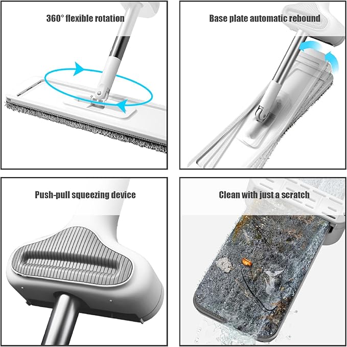 Flat Mop with Self Wringer Fast-drying Microfiber Floor Mop 360° Rotating Spin Mop with 4 Mop Pads for Wet & Dry Hardwood, Laminate, Tile Cleaning.