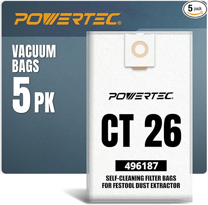 POWERTEC 496187 Self-Clean Filter Bag for Festool CT 26-5PK, Compatible with CT26, CT26 E, CTL26, CTM26 Dust Extractors (75037)