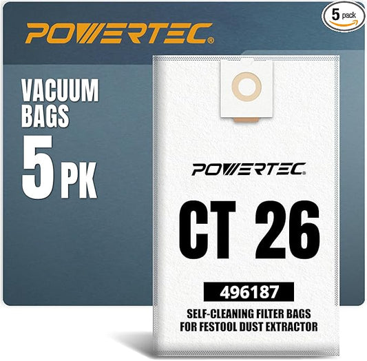 POWERTEC 496187 Self-Clean Filter Bag for Festool CT 26-5PK, Compatible with CT26, CT26 E, CTL26, CTM26 Dust Extractors (75037)