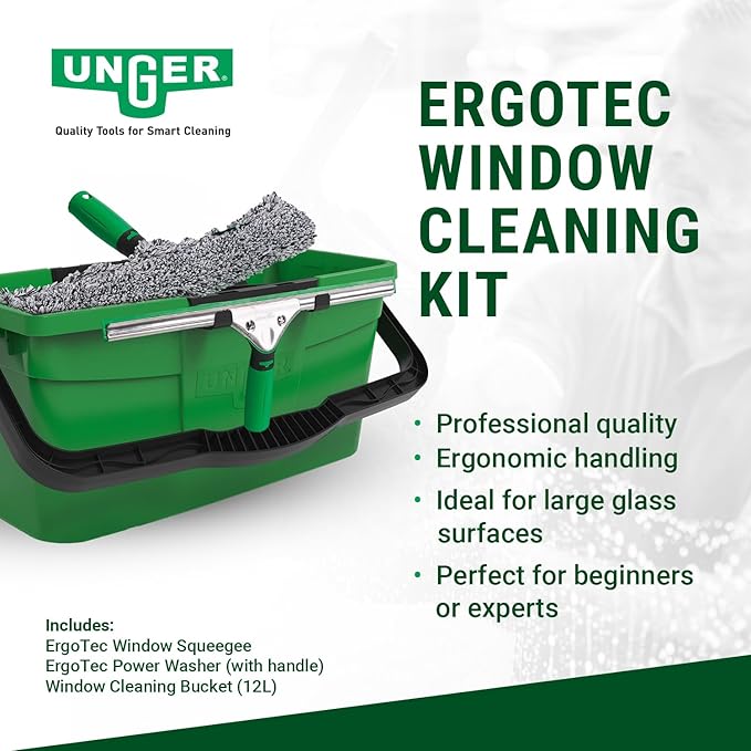Unger AK013 Window Cleaning Kit – 3-in-1 Starter Set with Window Squeegee, Microfibre Washer with T-Bar Handle & 12L Cleaning Bucket – Professional Window Cleaner Set
