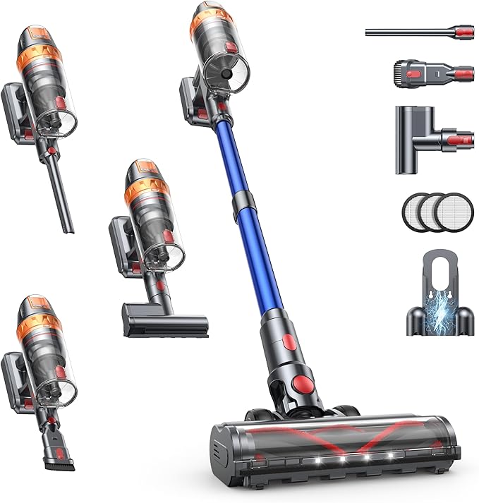Cordless Vacuum Cleaner, 650W with Extra Mattress Cleaning Tool, 55KPA Stick Vacuum Cleaners for Home 70 Mins Runtime, Self-Standing, Wall Mount Charging, Rechargeable Vacuum for Floor Carpet Pet Hair