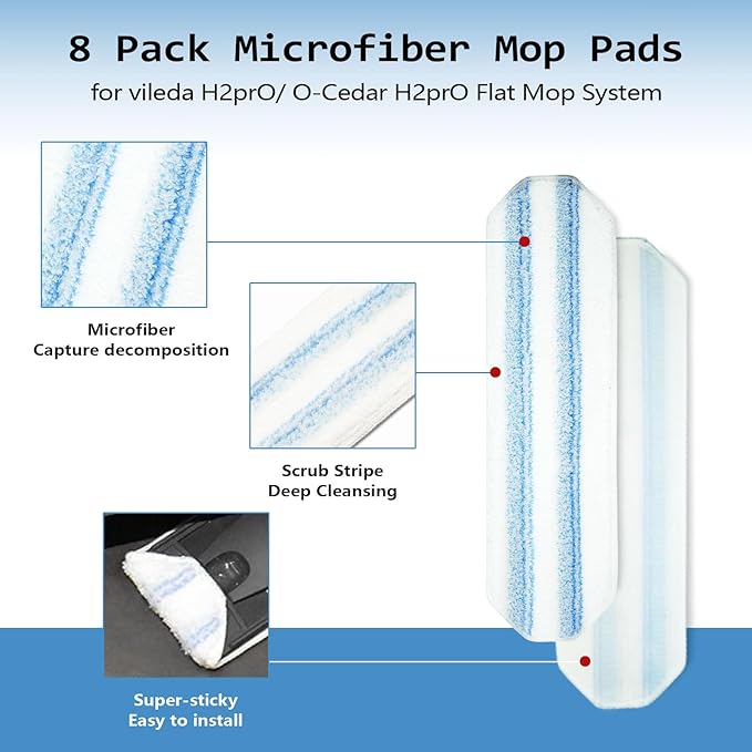8 Pack Replacement Pads for O Cedar H2prO Flat Mop System, Flat Pads for Ocedar Flat Mop System, Machine Washable/Reusable, Powerful Stain Removal, for Hardwood, Tile, Marble, Laminate Floors.