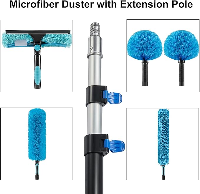 30 Foot High Ceiling Fan Duster with 6-24ft Extension Pole, Extendable Reusable Cobweb, Feather, Window Cleaning Squeegee Kit