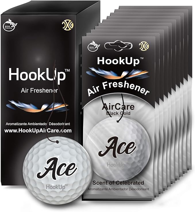 Golf Car Air Freshener by HookUp - 10 Pack - Black Gold Scent (Extra Strong) | Unique Golf Gift for Players, Coach, Fans | Hanging Car Accessory with Long Lasting Fresheners Smell