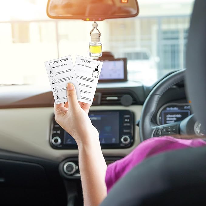 Boao 50 Sets Hanging Car Air Freshener Diffuser Bottles with 2 x 3.54 Inch Car Diffuser Instructions Cards for Empty Essential Oil Bottles(White Card,Cylindrical)