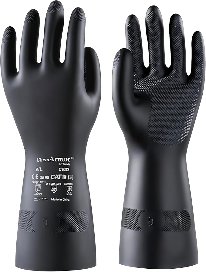 Heavy Duty Rubber Safety Work Gloves, Chemical Resistant Latex Gloves for Cleaning, Acid & Alkali Protection, Hazmat Use, Black, Large