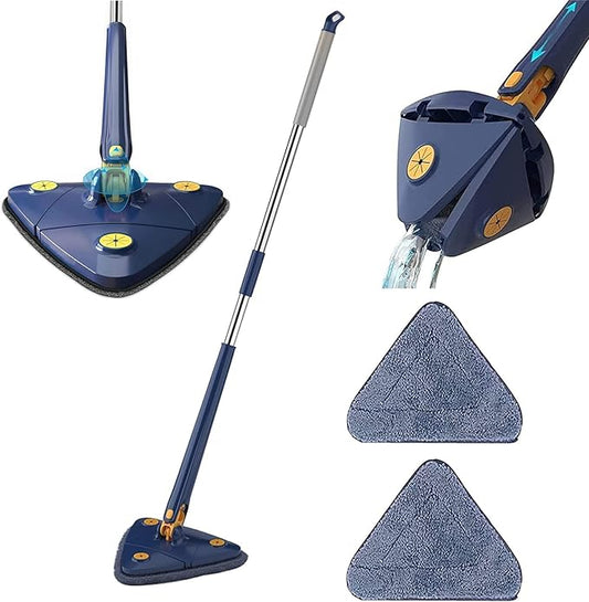 360° Rotatable Adjustable Cleaning Mop - Extendable Triangle Wall Cleaning Mop, Imitation Hand Twist Quick Dry Mop, Long Handle Microfiber Spin Mop Head Replacement for Ceiling, Wall (Blue w/ 2 Mops)