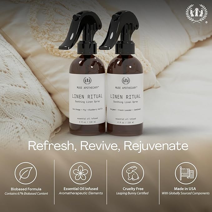 Muse Apothecary Linen Ritual - Aromatic, Soothing, and Relaxing Linen Mist, Laundry and Fabric Spray - Infused with Aromatherapy Essential Oils - 8 oz, Tonka Bean + Amber + Warm Cedarwood, 2 Pack