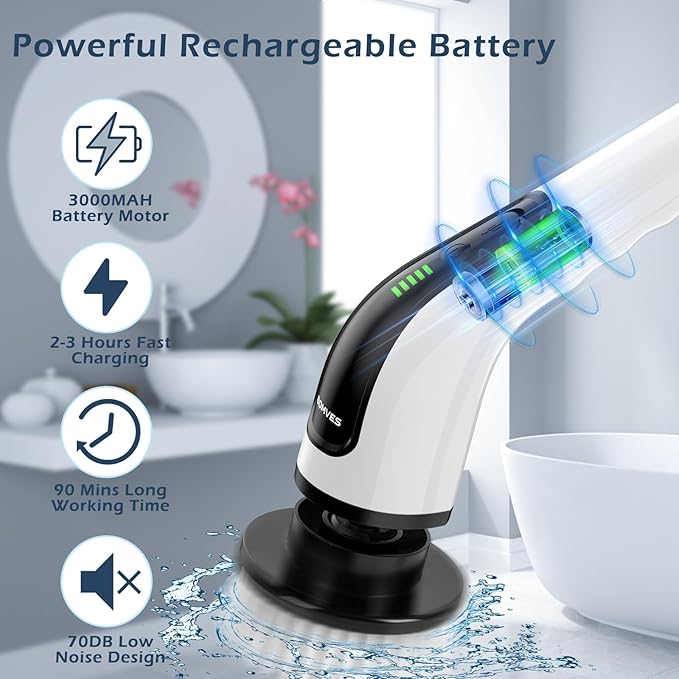 Electric Spin Scrubber, Cordless Cleaning Brush Scrubber for Home, 8 Replaceable Brush Heads-90Mins Work Time, 3 Adjustable Size, 2 Speeds for Bathroom Shower Bathtub Glass Car