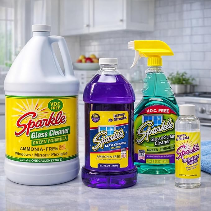 Sparkle Glass Cleaner Green Formula, Streak-Free Window, Mirror & Glass Surface Cleaner, 1 Gallon 128 Fl Oz Refill (Pack of 3)