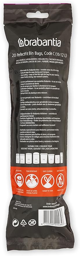 Brabantia PerfectFit Trash Bags (Size C/2.6-3.2 Gal) Thick Plastic Trash Can Liners with Drawstring Handles (200 Bags)