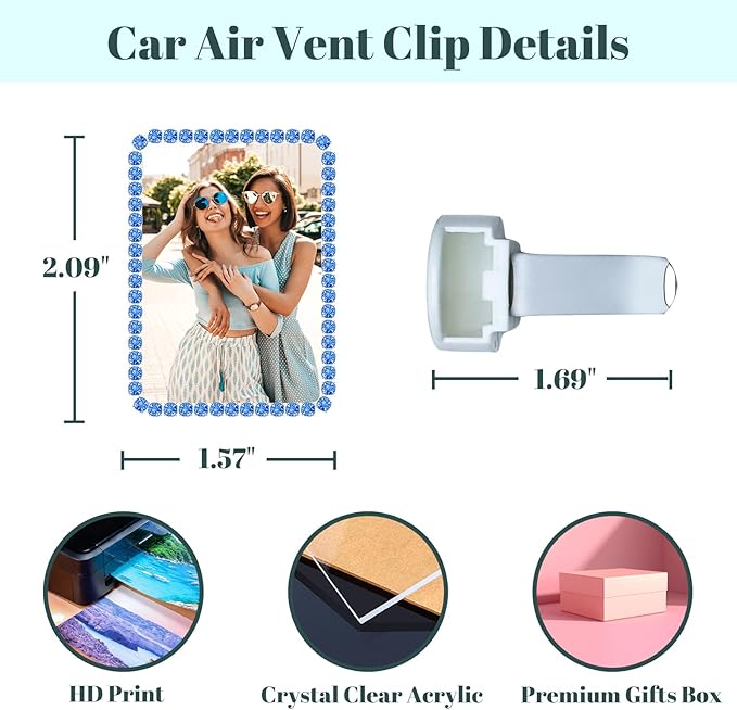Custom Rhinestone Car Vent Clip Air Freshener with Photo – Personalized Acrylic Picture Frame for Car Interior Decoration Accessories, Rectangular Shape (Blue, One Size)