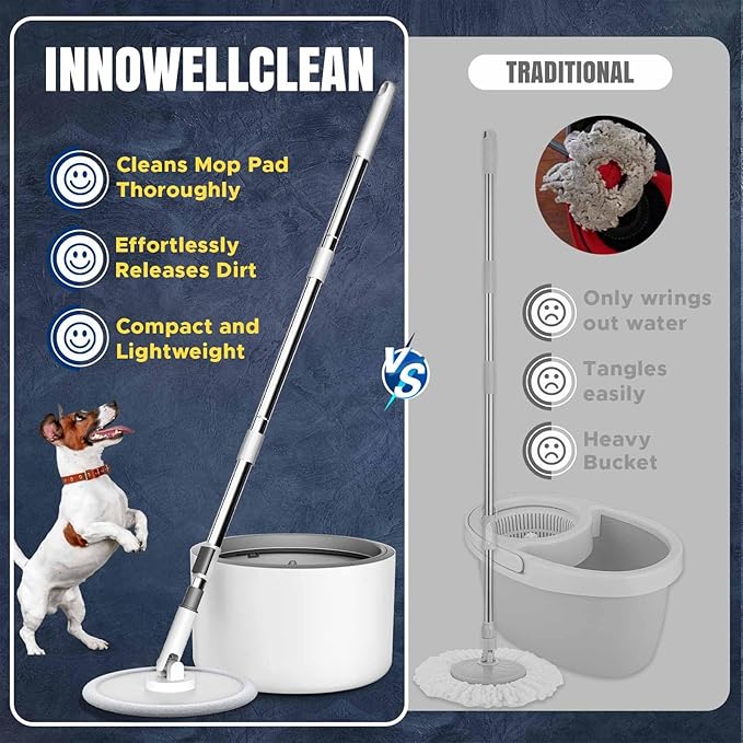 VENETIO Innowellclean Microfiber Spin Mop and Bucket Set with Patented Water Filtration System - Deep Self Cleaning/Dry/Wet All-In-One Floor Mop for Home Hardwood, Tile - Ideal for Pet Owners (2 Pads)