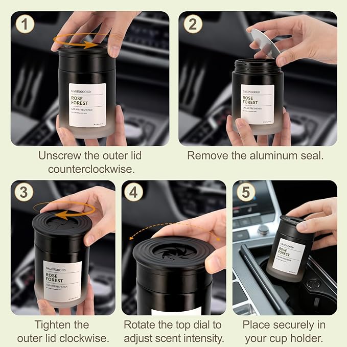 Car Air Freshener, Sandalwood Pine Scent Diffuser with Rotating Cap for Adjustable Fragrance Intensity, Gel Odor Eliminator for Home Car Bathroom, Every 6.4 oz Lasts 90 Days, 2 Pack, Black