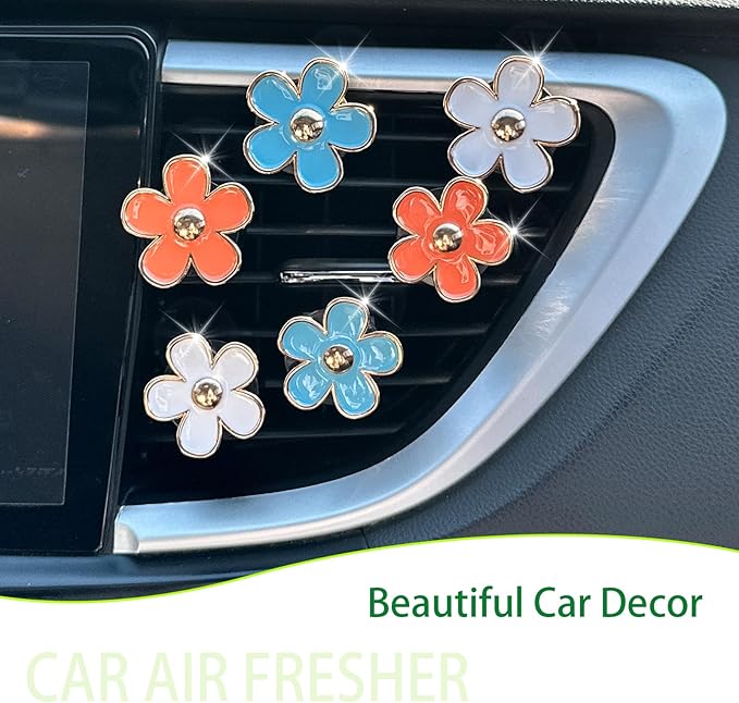 6pcs Flowers Car Air Freshener Vent Clips,Blue Orange White Daisy Air Vent Clip Car Accessories for Women,3.3cm/3cm Flowers Vehicle Decor Refillable Diffuser