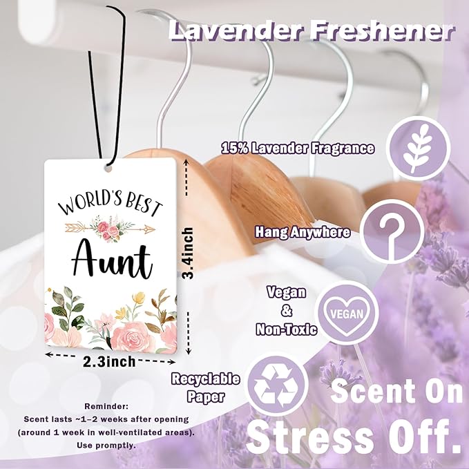Aunt Auntie Gifts Car Air Freshener Accessories 3pcs,World's Best Gifts for Aunt Christmas, Pink Flower Rustic Hanging Scent Lavender Fragrance Card for Women Closet Bathroom Home Decor