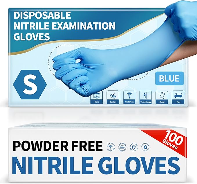 Medical Blue Nitrile Disposable Exam Gloves, 4.5 Mil 100 Pcs Powder-Free Latex-Free Food-Safe for Lab Cooking Cleaning