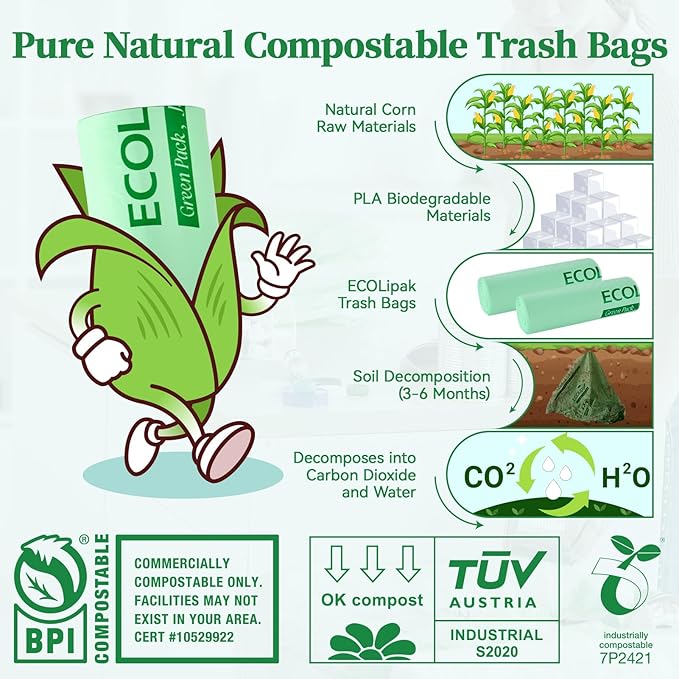 ECOLipak 55 Gallon Compostable Trash Bags, 12 Count Heavy Duty Extra Thick 1.57 Mil, 208.2 Liter Large Garbage Bags for Commercial/Lawn/Yard/Restaurant, US BPI ASTM D6400 and OK Compost Home Certified