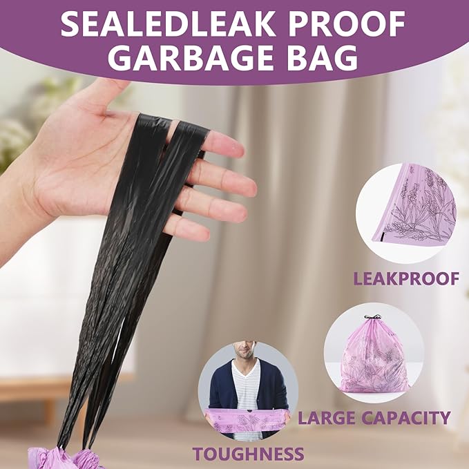 Trash bags, 4 Gallon Trash Bags Drawstring, Colorful & Portable Small Trash Bags with Lavender Printed, Tear-Resistant Garbage Bags 4 Gallon for Bathroom Office Trash Cans, 50 Count