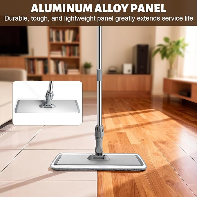 17.7" Microfiber Mop for Floor Cleaning, 59in Long Adjustable Stainless Steel Handle, 360° Rotating Large Flat Mops, 4 Washable Pads for Dry & Wet Cleaning for Hardwood, Vinyl, Laminate, Grey