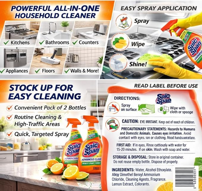 Spic & Span Advanced Clean Multi-Purpose Cleaner Spray, Fresh Citrus Scent, 32 fl oz (Pack of 2)