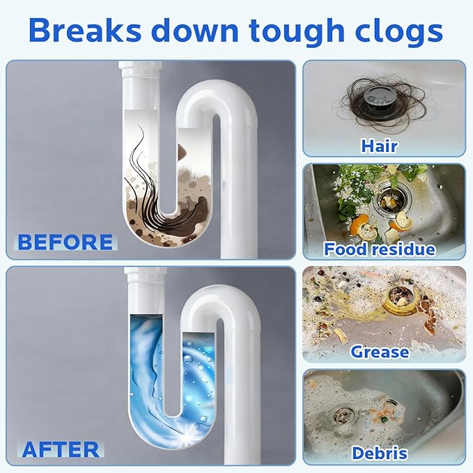 Sink Drain Cleaner Powder: Drain Clog Remover for Kitchen Bathroom Tubs and Showers - Improve Water Flow and Support Home Plumbing (400g)