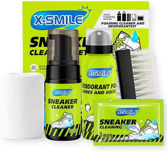 X-SMILE Sneaker Cleaning Kit, Foam Cleaner for White Shoes, PU & Synthetic, Canvas, Mesh & Rubber, Brush, Towel & Wipe 100ml