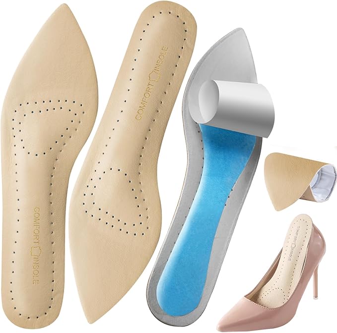 Leather Sockless Shoe Insoles for Men, Thin Dress Work Boots Inserts - Shock Absorption, Anti Sweat & Anti-Odor, for Athletic Shoes, Leather Shoes (Skin-Colored Pointed Toes, Sharp-Apricot-35-36)