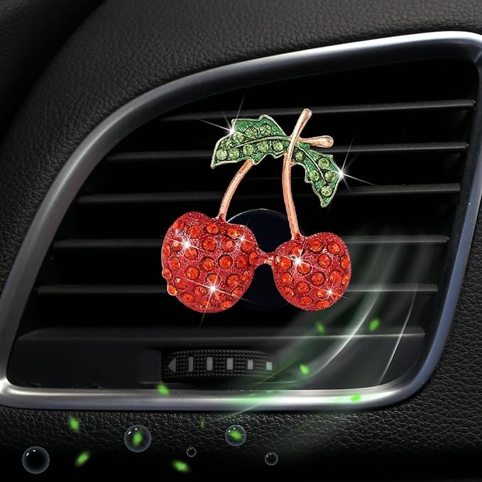 Red Cherry Car Air Vent Freshener Perfume Clip, Rhinestone Air Outlet Fragrance Perfume Clip Freshener, Car Decorations, Interior Accessories (Odor Random)(Ocean, lavender, cologne, peach)