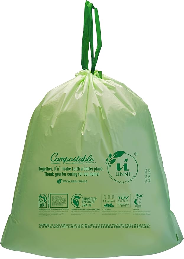 UNNI Compostable Drawstring Bags, 2.6-3.2 Gallon, 10-12 Liter, 60 Count, Heavy Duty 1 Mil, Small Food Scrap Waste Bags with Drawstring Handle, ASTM D6400, US BPI, CMA & Europe OK Compost Certified