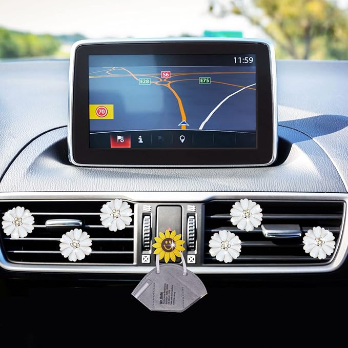 Daisy Air Vent Clips - 6 Pcs Cute Flower Car Air Fresheners Vents Clips Glam Car Interior Decor Charm Accessories for Women (White)+ Mask Hook