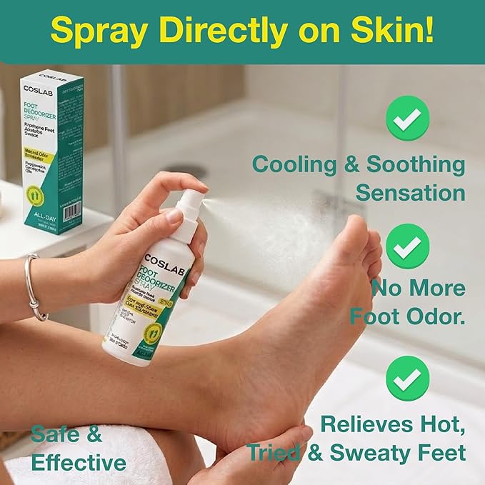 Foot Deodorizer Spray, Natural Odor Eliminator with Peppermint and Eucalyptus Oils, 700+ Sprays, 3.38 fl oz