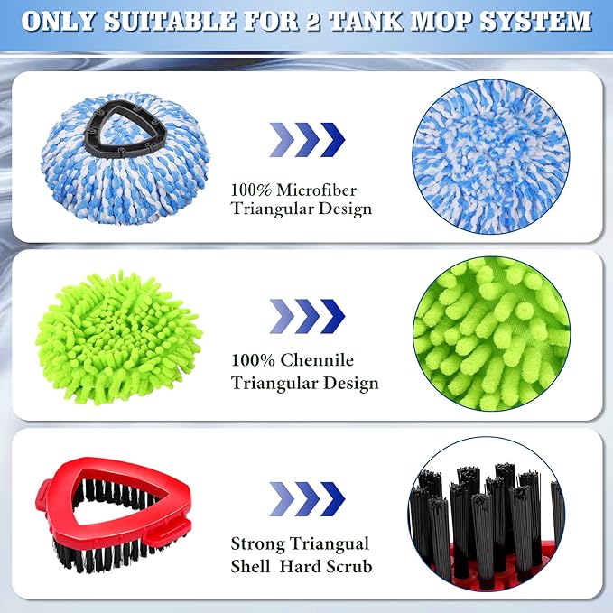 Microfiber Spin Mop Head Refills for Oceda RinseClean 2-Tank System,1 Mop Scrub Brush + 1 Mop Base + 4 Pack Machine Washable Spin Mop Heads Replacements