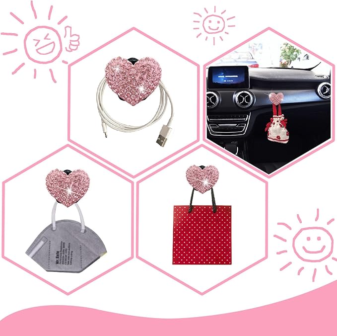 Pink Heart & Butterfly Air Vent Clips, 4 Pcs Bling Heart & Butterfly Air Fresheners Vents Clips Diamond Car Interior Decor Bling Cute Pink Car Accessories Decoration for Women + Heart Mask Hook