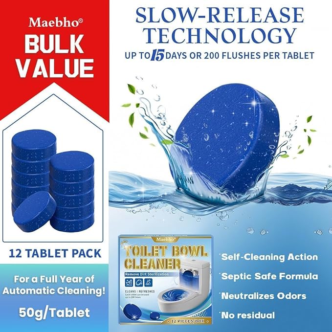 Automatic Toilet Bowl Cleaner Tablets,12- Pack Blue Gel In-Tank Cleaner, Removes Hard Water Rings & Stains, Septic Safe, Cleaning & Deodorize, Fresh Scent,50g Each