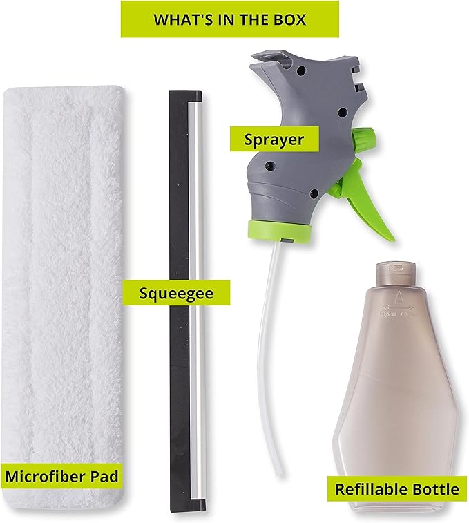 True & Tidy Window and Glass Cleaner Refillable Spray Bottle with Built-in Squeegee and Machine-Washable Microfiber Scrubber, Use Any Cleaning Solution, 10 inches