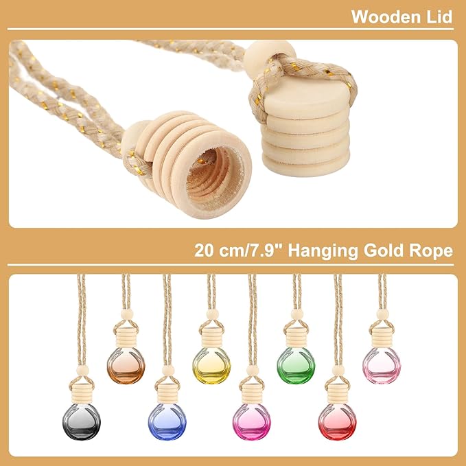 uxcell 8pcs Hanging Car Air Freshener Perfume Bottle, 10ml Pendant Empty Clear/Green Glass Essential Oil Aromatherapy Diffuser with Wooden Cap for Car Decor (Clear/Green, Round)