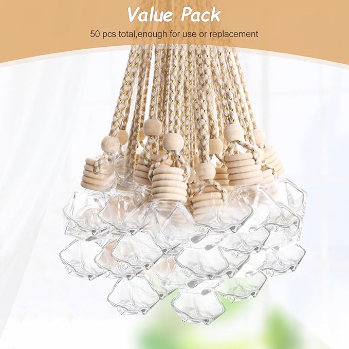 50 Pack Hanging Car Air Freshener Bottle Empty Essential Oil Diffuser Glass Bottles Perfume Aromatherapy Fragrance Pendant Diffuser Bottles Auto Ornaments Decor
