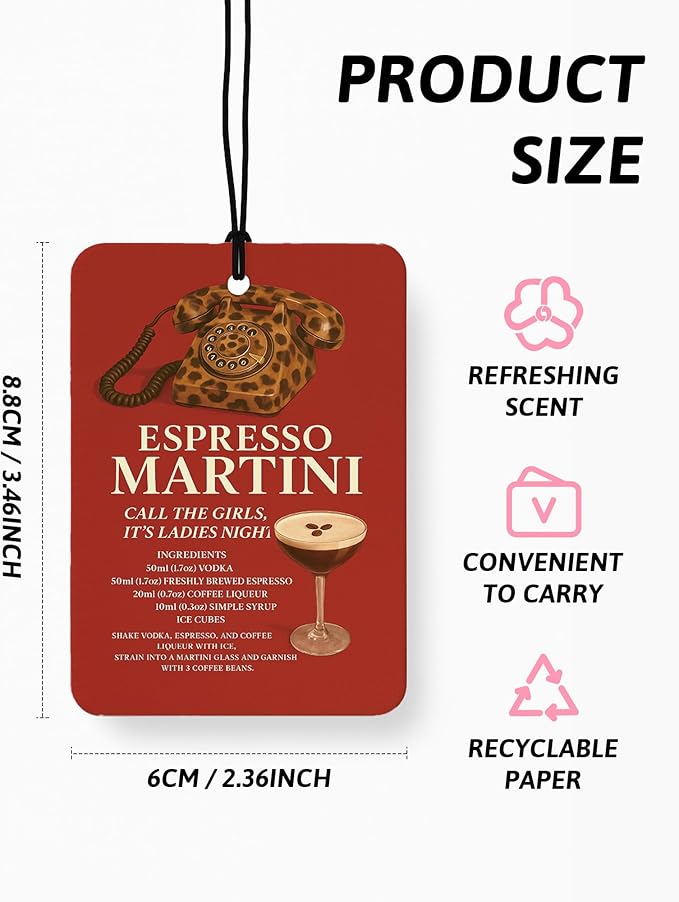 Trendy Leopard Print Car Air Freshener 4 Pcs, Red Coquette Bow Espresso Martini Poker Hanging Air Freshener for Cars Closet Drawer Books, Girly Car Accessories Mirror Decor for Women