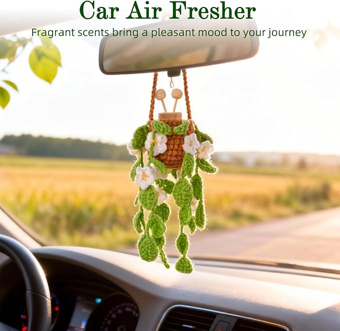 Crochet Car Air Freshener, 8ml Empty Refillable Oil Diffuser Bottle with Hanging Crochet White Daisies Plant & Hanging Tools, Car Rearview Mirror Diffuser for Wall Art & Home & Office Decoration