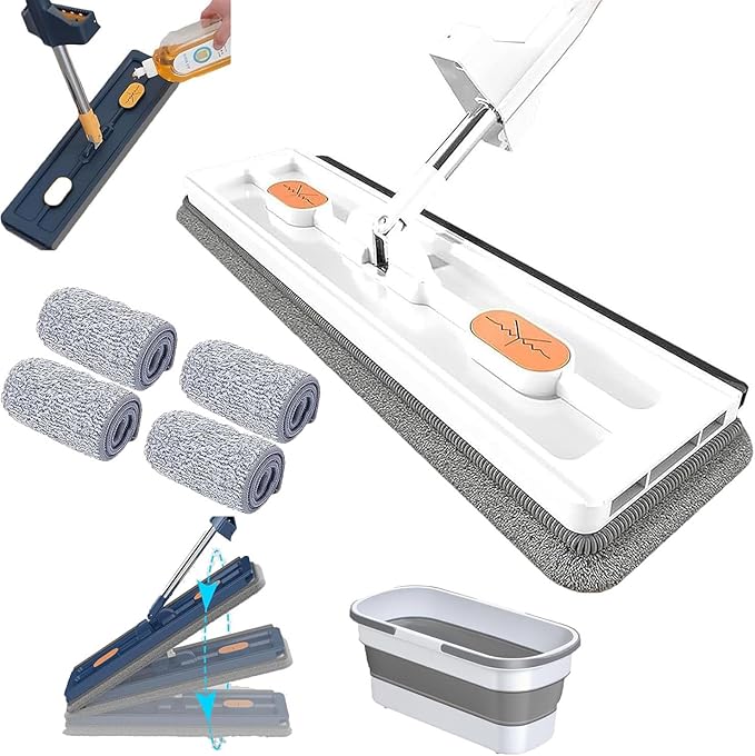 Mop and Bucket with Wringer Set, Large Flat Mop, Large Flat Mop and Bucket System, 360 Rotating, with 6 Reusable Microfiber Pads Dry and Wet (White + Bucket)