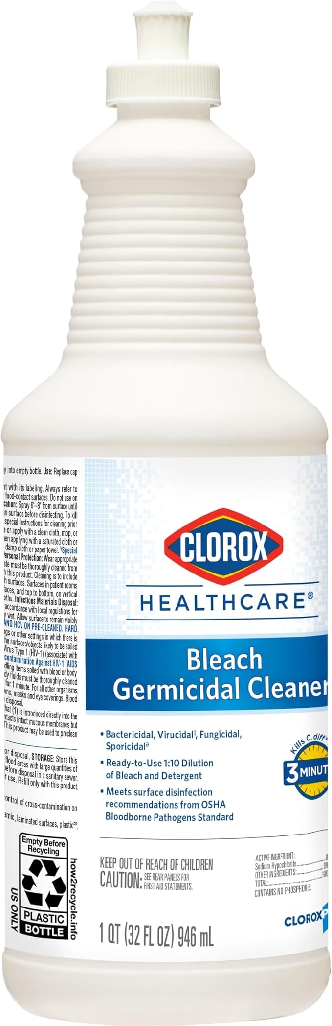 CloroxPro Healthcare Bleach Germicidal Cleaner Pull-Top, Healthcare Cleaning and Industrial Cleaning, 32 Ounces - 68832 (Pack of 6)